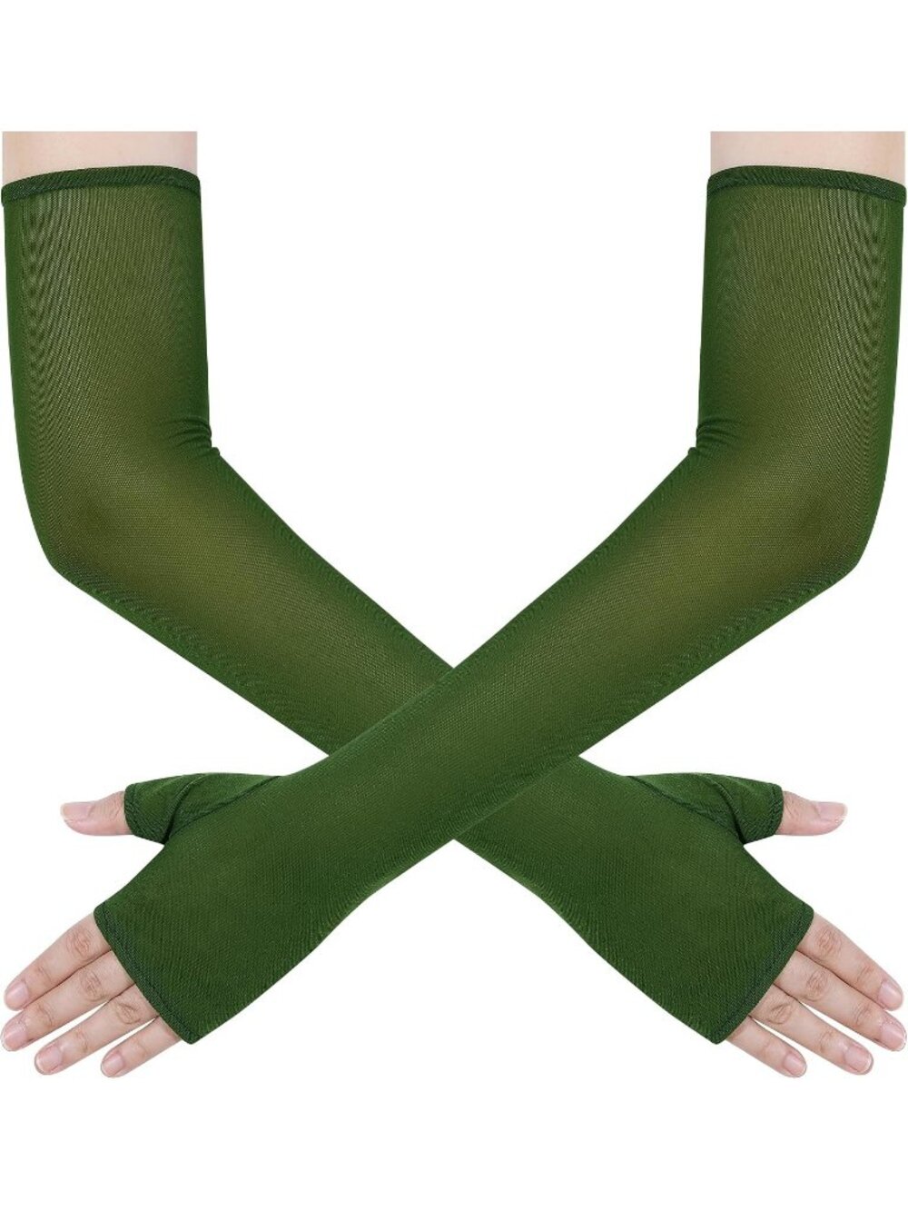 Women Dark Green Elbow Length Tulle Mesh Long Fingerless Opera Party Sheer Glove
